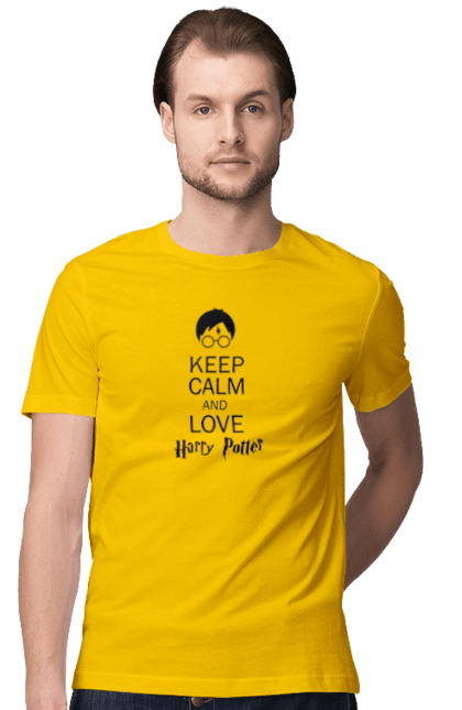 Футболка мужская с принтом Keep calm and love Harry Potter. Gryffindor, harry potter, hogwarts, keep calm, гарри поттер, гриффиндор, книга, фильм, франшиза, хогвартс. 2070702