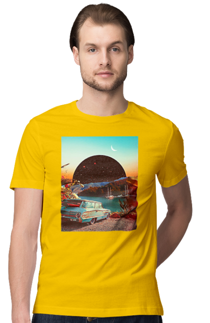Футболка чоловіча з принтом "Картина, машина біля річки". Картина, машина, планета, прикол, ретро, річка. 2070702