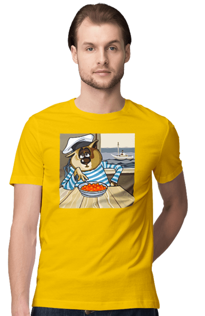 Men`s t-shirt with prints Cat Sailor, On The Ship Eats Red Caviar. Cat, caviar, sailor, ship. 2070702