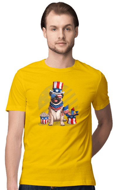 Футболка чоловіча з принтом "Мопс Америка". Beige pug, mops, америка, американський прапор, мопс, пес, собака. CustomPrint.market
