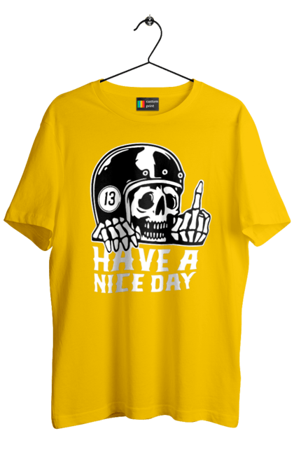 Men`s t-shirt with prints Have a nice day. Fak, have a, nice day, scull, thirteen, with a skull. 2070702