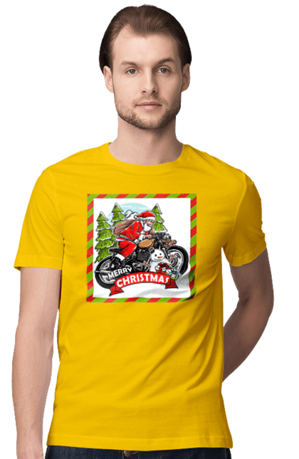 Men`s t-shirt with prints Santa on a motorcycle. Christmas, motorcycle, new year, presents, santa, snowman, tree. 2070702