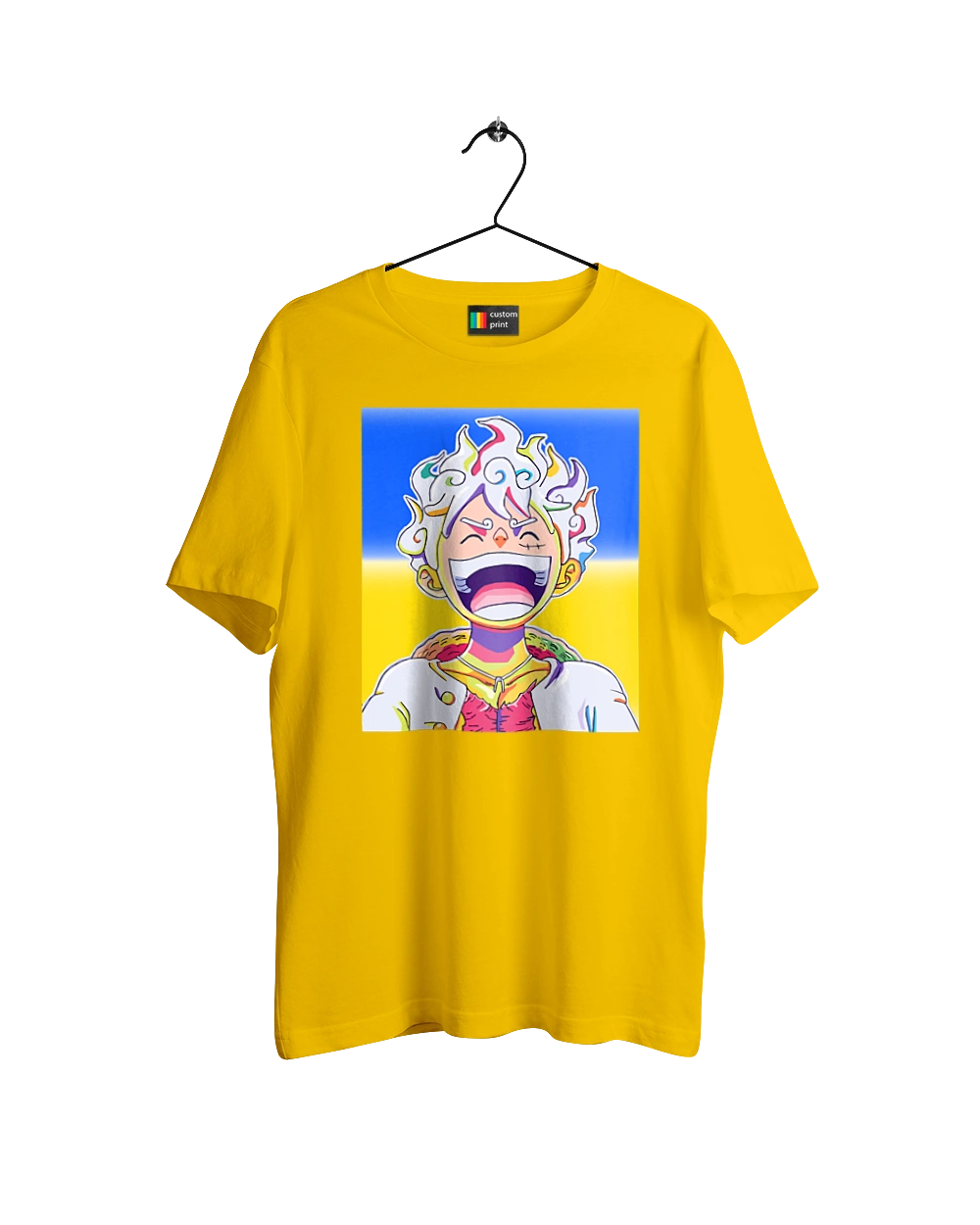 Монки д Луффи смеется на желтом синем фоне.