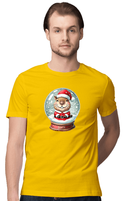 Men's t-shirt with prints Capybara in a snow globe. Animal, capybara, christmas, christmas capybara, gift, holiday, new year, new year`s gift, santa, snow globe. 2070702