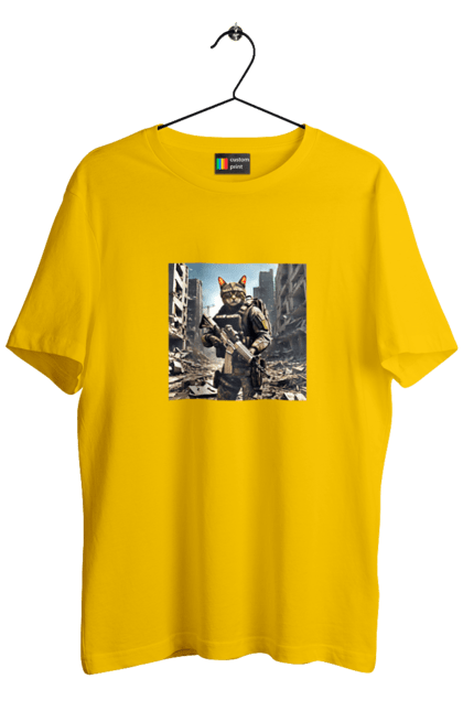 Футболка чоловіча з принтом "Кіт десантник". Бронежилет, війна, військовий, гвинтівка, захисник, камуфляж, кіт, рушниця. 2070702