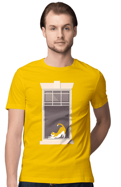 Футболка чоловіча з принтом "Кіт В Вікні". Вікно, кіт, потягушки, рудий. 2070702