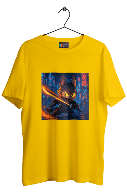 Футболка чоловіча з принтом "Лабубу". Аніместиль, дія, катана, кіберніндзя, кіберпанк, лабубу, меч, неонове місто, очі` що світяться. 2070702