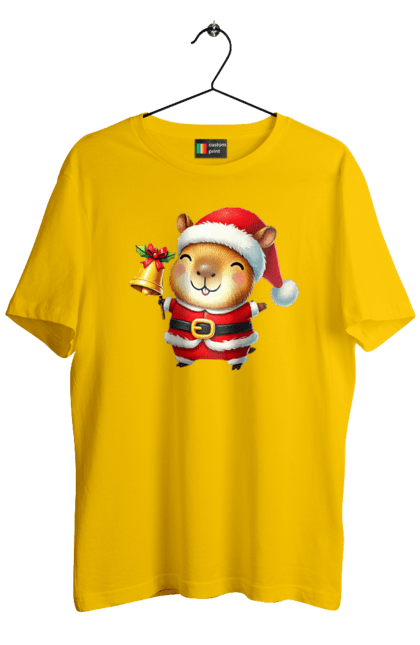 Men's t-shirt with prints Funny capybara with a bell. Animal, bell, capybara, christmas, christmas capybara, gift, holiday, new year, new year`s gift, santa. 2070702