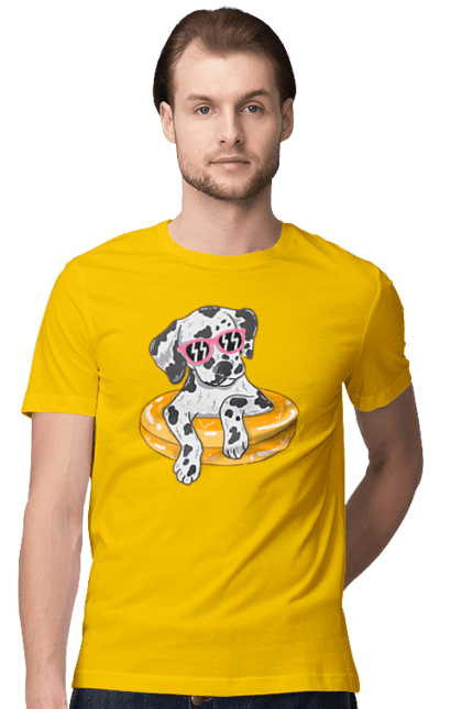 Men`s t-shirt with prints Dalmatian Swims In A Circle. Dalmatian, dog, glasses, to swim. 2070702