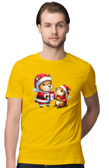 Men's t-shirt with prints Christmas Capybara with a Gift. Animal, capybara, christmas, christmas capybara, gift, holiday, new year, new year`s gift, santa. 2070702