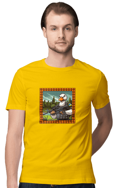 Футболка мужская с принтом Гусиный десант. Биологическое оружие, боевые гуси, военный гусь, вооруженные силы, гусиный десант, символика, украина, флаг. 2070702