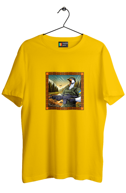 Men`s t-shirt with prints Goose landing. Armed forces, biological weapons, fighting geese, flag, goose landing, military goose, symbolics, ukraine. 2070702