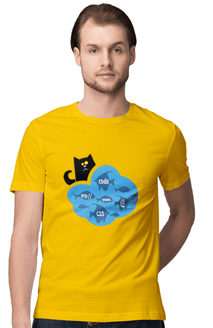 Футболка чоловіча з принтом "Кіт програміст". Angular, c, css, html, it, javascript, jquery, php, python, react, svelt, vue, айтишник, айті, гумор, код, кодувати, прогер, програміст, програмісти, ти ж, ти ж програміст, тиж програміст. 2070702