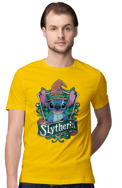 Men's t-shirt with prints Stich Slytherin. Faculty, franchise, harry potter, hogwarts, slytherin, stich. 2070702