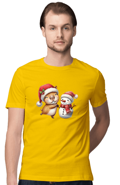 Men's t-shirt with prints Capybara and Snowman. Animal, capybara, christmas, christmas capybara, gift, holiday, new year, new year`s gift, santa, snowman. 2070702