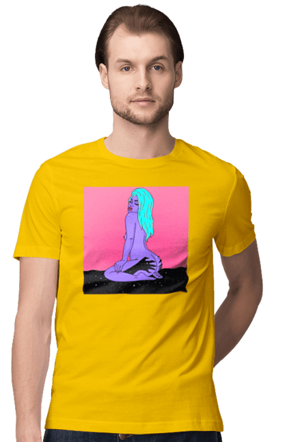 Футболка мужская с принтом Фиолетовая Девушка В Руках. Девушка, инопланетянка, сидит. 2070702
