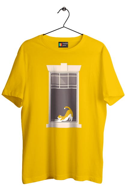 Футболка чоловіча з принтом "Кіт В Вікні". Вікно, кіт, потягушки, рудий. 2070702