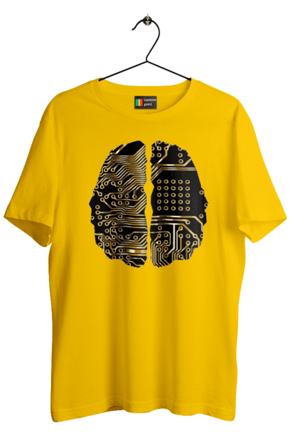 Футболка чоловіча з принтом "Мозок Айті". Айті, айтішник, гик, знання, золотий, золото, інженер, кібер, кібернетика, кіборг, код, комп, кристал, мікросхема, мозок, програміст, професіонал, професія, розробник, розум, чіп. 2070702