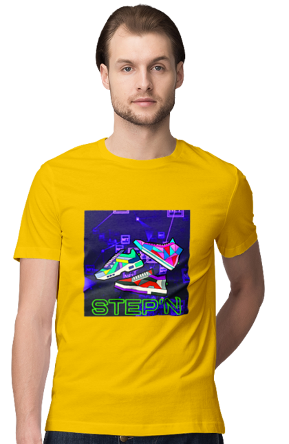 Футболка чоловіча з принтом "Step`n". Віртуальні кросівки, крипта, криптовалюти, нфт, нфт кросівки, солана, степен. 2070702