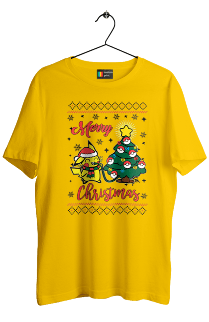 Men`s t-shirt with prints Pikachu Merry Christmas!. Anime, christmas, game, manga, merry christmas, nintendo, pikachu, pokemon. 2070702