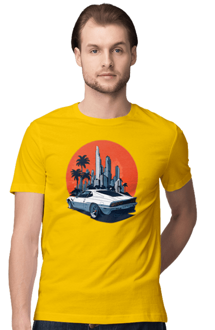 Футболка чоловіча з принтом "Авто". Гонка, захід сонця, спортивний автомобіль, швидкість. 2070702
