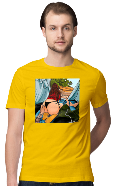 Футболка чоловіча з принтом "Відпочинок З Улюбленою У Палатці". Відпочинок, жопа, палатка, собака. 2070702