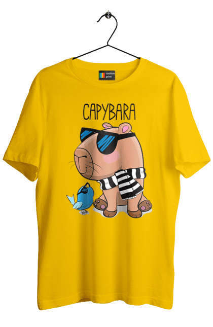 Футболка чоловіча з принтом "Стильна капібара". Капібара, модна капібара, настрій, окуляри, птах, сонячні окуляри, стильна капібара, тварина, шарф у смужку. 2070702