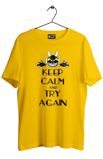 Men's t-shirt with prints Keep calm and try again. Calmness, demon, heck, keep calm, satan, stay calm, try again. 2070702