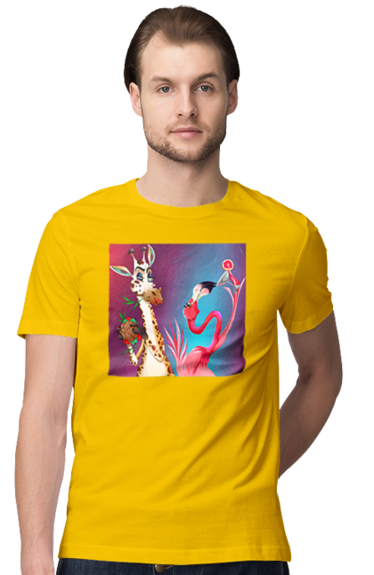 Men`s t-shirt with prints Giraffe And Flamingo At The Party. Cocktail, flamingo, food, giraffe. 2070702