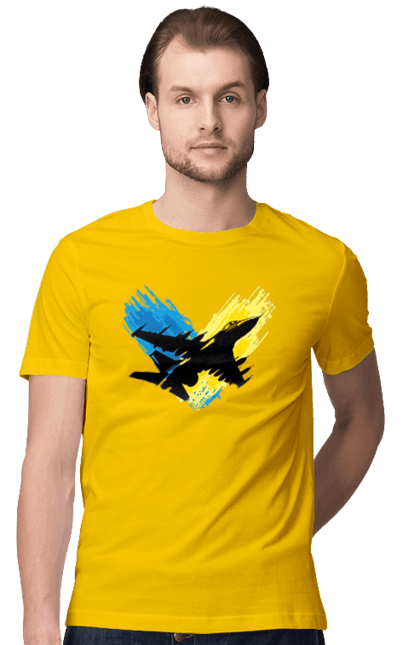 Футболка чоловіча з принтом "Літак F 16". З прапором, зсу, літак, літак f16, патріотична, прапор, ф16. 2070702