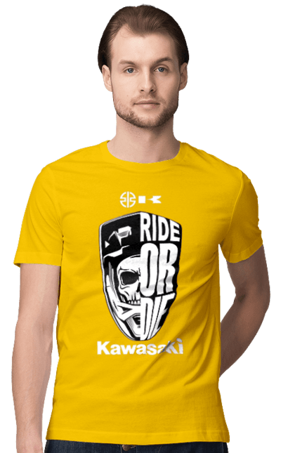 Футболка мужская с принтом Kawasaki. Kawasaki, ride or die, бренд, мотоцикл, спорт, череп. 2070702