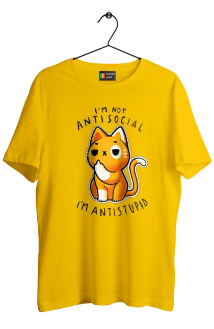 Men`s t-shirt with prints I'm not antisocial, I'm antistupid. Antisocial, antistupid, cat, cynicism, hate, humor, irony, joke, meme, sarcasm. 2070702