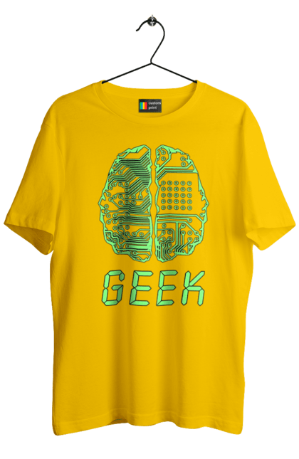 Футболка чоловіча з принтом "Гик Мозок Неоновий". Айті, айтішник, гик, друкована плата, зелений, знання, інженер, кібер, кібернетика, кіборг, код, комп, комп’ютерник, кристал, мікросхема, мозок, неон, неоновий, програміст, професіонал, професія, розробник, розум, світиться, світло, чіп. 2070702