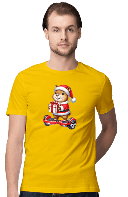 Men's t-shirt with prints Christmas Capybara with a Gift. Animal, capybara, christmas, christmas capybara, gift, holiday, new year, new year`s gift, santa. 2070702