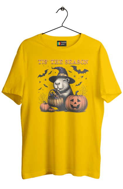 Men's t-shirt with prints Capybara Halloween. Animal, capybara, ghost, halloween, holiday, moon, pumpkin, rodent, witch. 2070702