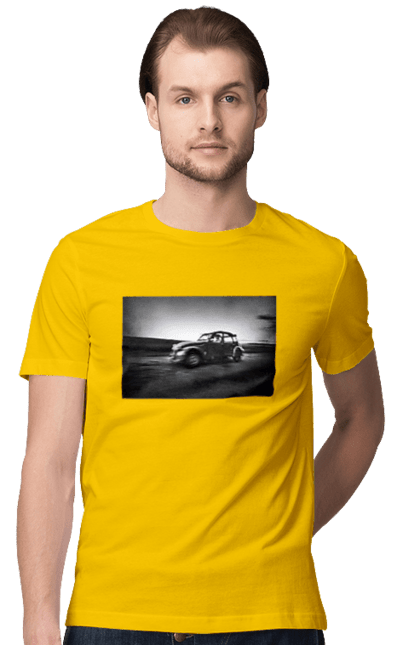 Футболка чоловіча з принтом "Ретро машина чб". Авто, ретро, ретро машина, чорно біла машина. 2070702