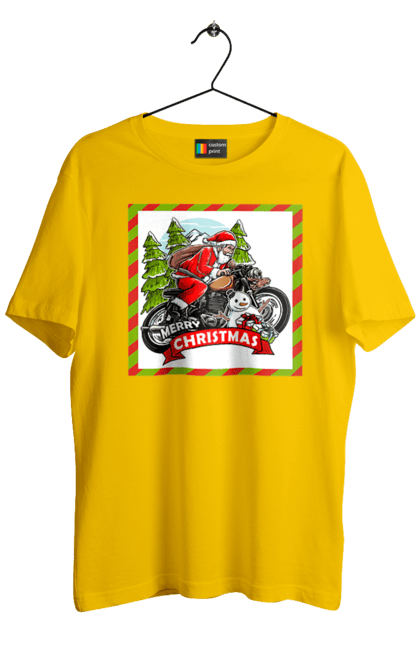 Men`s t-shirt with prints Santa on a motorcycle. Christmas, motorcycle, new year, presents, santa, snowman, tree. 2070702