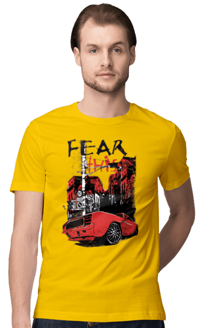 Men`s t-shirt with prints Red Car In The City. Riding, town. 2070702