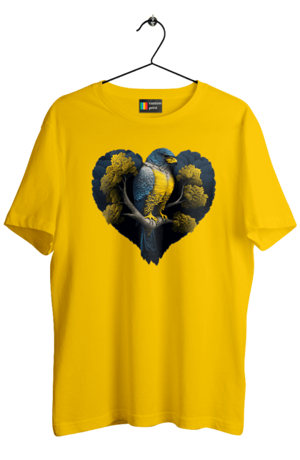 Men`s t-shirt with prints Blue and yellow falcon. Falcon, flag of ukraine, heart, symbol of ukraine, tree, ukraine. 2070702