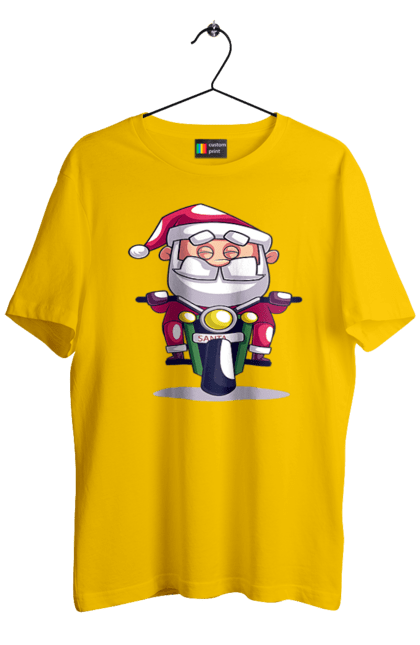 Футболка чоловіча з принтом "Щасливий Санта на мотоциклі". 2022, дід мороз, зима, мотоцикл, новий рік, різдво, санта, сніг. 2070702