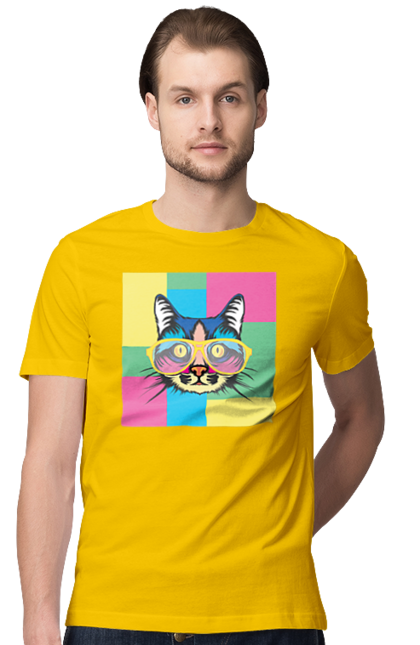 Men's t-shirt with prints Cat with glasses. Animal, art, bright, cat, cat, glasses, mustache, picture, wool. 2070702