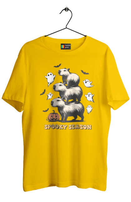 Men's t-shirt with prints Capybara Halloween. Animal, capybara, ghost, halloween, holiday, moon, pumpkin, rodent. 2070702