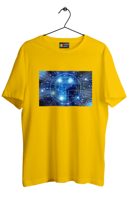 Футболка чоловіча з принтом "Штучний інтелект". Айті, айтішник, гік, знання, інженер, інтелект, кібер, кібернетика, кіборг, код, комп, комп`ютерник, кристал, машинне навчання, мікросхема, мозок, портрет, програміст, професіонал, професія, розробник, розум, хакер, чіп, штучний інтелект, штучний розум. 2070702