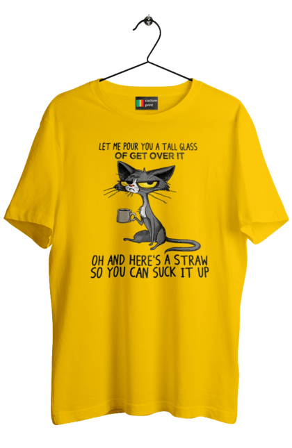 Футболка мужская с принтом Как это пережить ?. Большой стакан, все отлично, иди нахуй, как это преодолеть, кот и кружка, налей, раздумье, сосать. 2070702