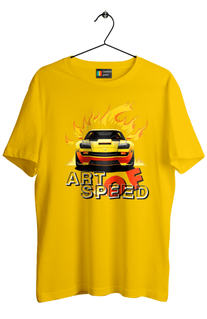 Футболка чоловіча з принтом "Машина у вогні". Автомобіль, вогонь, спортивна машина, спортивний автомобіль, швидкість. 2070702