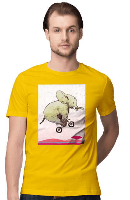 Men`s t-shirt with prints Elephant On A Motorcycle. Elephant, flight, motorcycle. 2070702