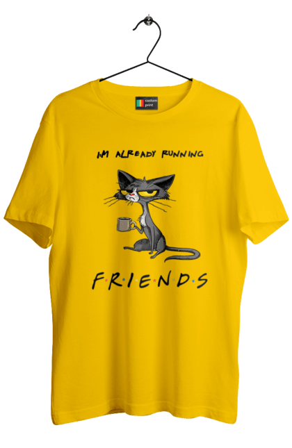 Men`s t-shirt with prints Friends, I`m running. Cat series, fall off, friend to himself, friends, go fuck yourself, i`m already running, loneliness bitch, parody series. 2070702
