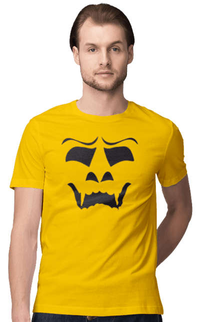 Men's t-shirt with prints Halloween pumpkin face. Costume, halloween, holiday, october, october 31, pumpkin, scary, sweets, trick or treat. 2070702