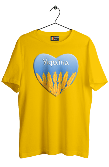 Футболка чоловіча з принтом "Серце з колосками Україна". Воля, колоски, небо, перемога, прапор україни, пшениця, серце, символ україни, україна. 2070702
