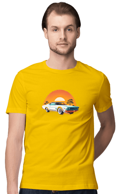 Men`s t-shirt with prints Beautiful car at sunset. Auto, decline, sun. 2070702